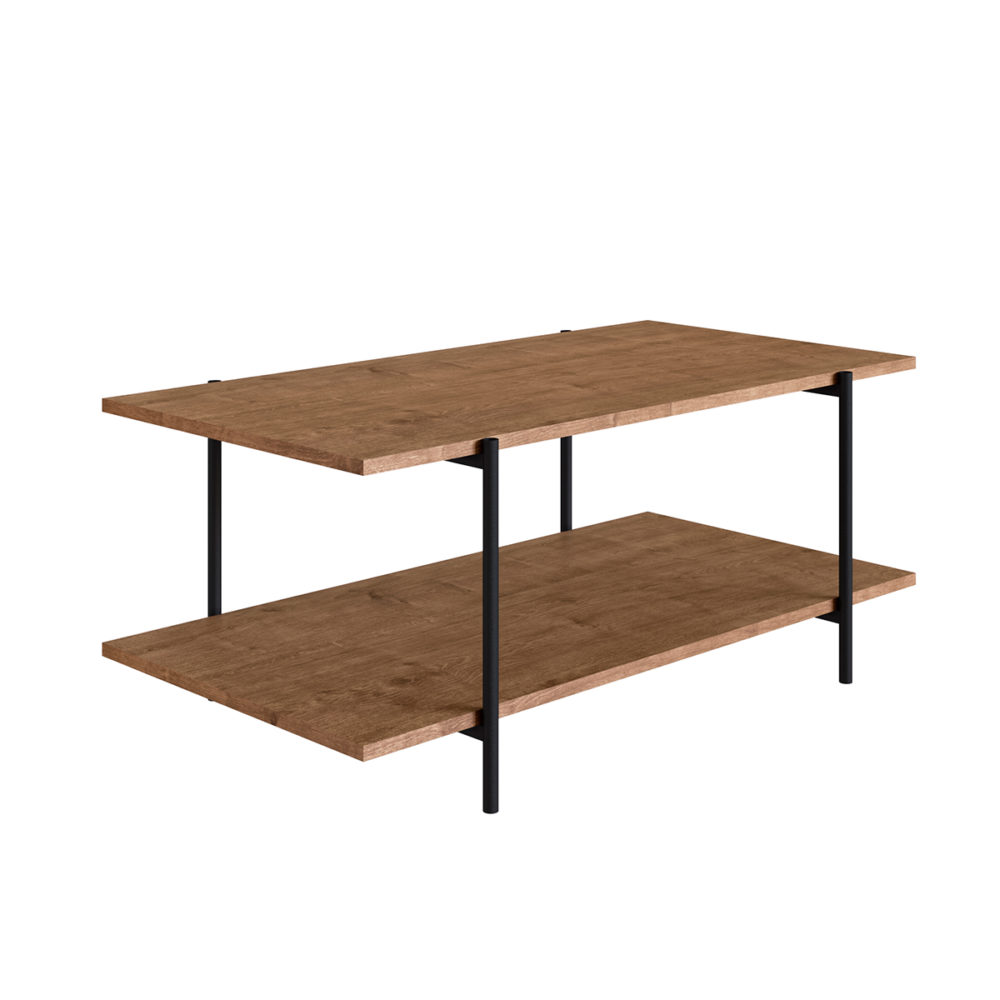 Industrial style coffee table with 1 shelf made from wood and black steel legs