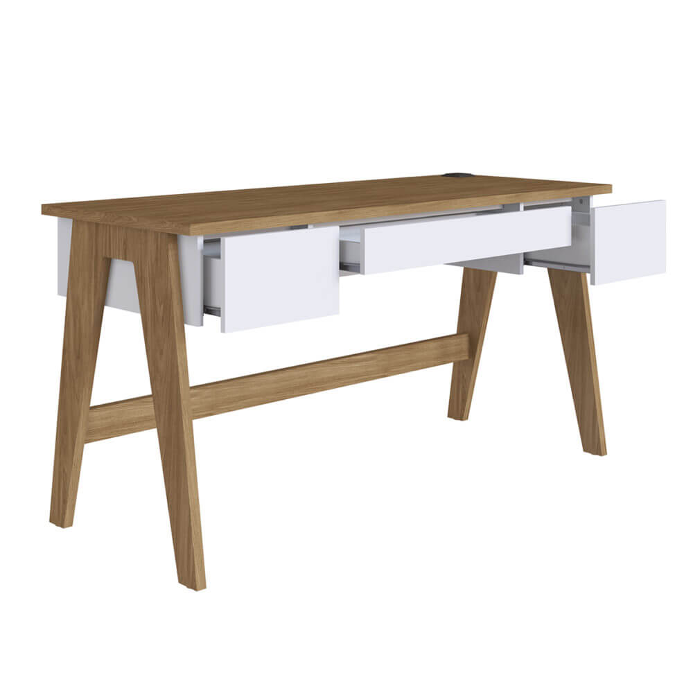 Estela Desk 4 Contemporary 59" white and brown desk with 3 drawers made from MDP wood