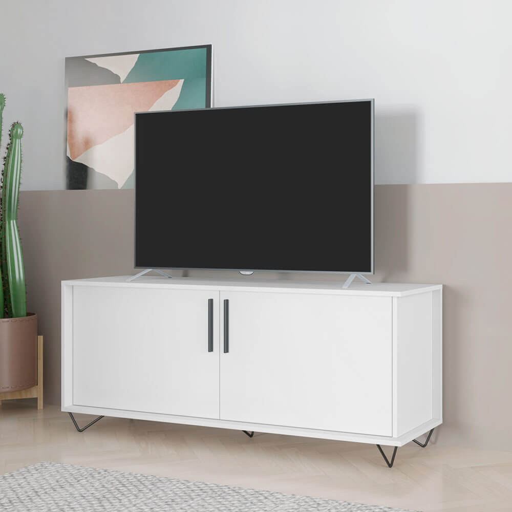Modern White TV Stand made from MDP wood and black steel modern legs and handles