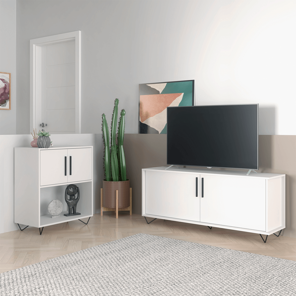 Modern White TV Stand and Cabinet made from MDP wood and black steel modern legs