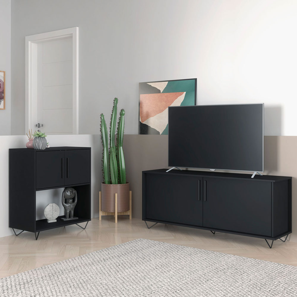 Modern black TV Stand and Cabinet made from MDP wood and black steel modern legs