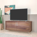 Modern Brown TV Stand made from MDP wood and silvery steel modern legs and handles