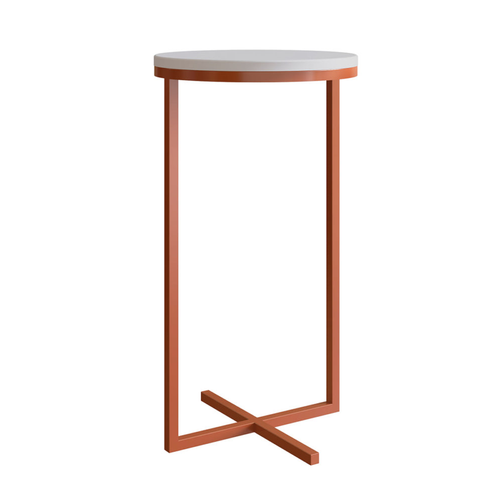 Modern Tall White End Table with steel coppery legs forming an X