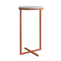 Modern Tall White End Table with steel coppery legs forming an X