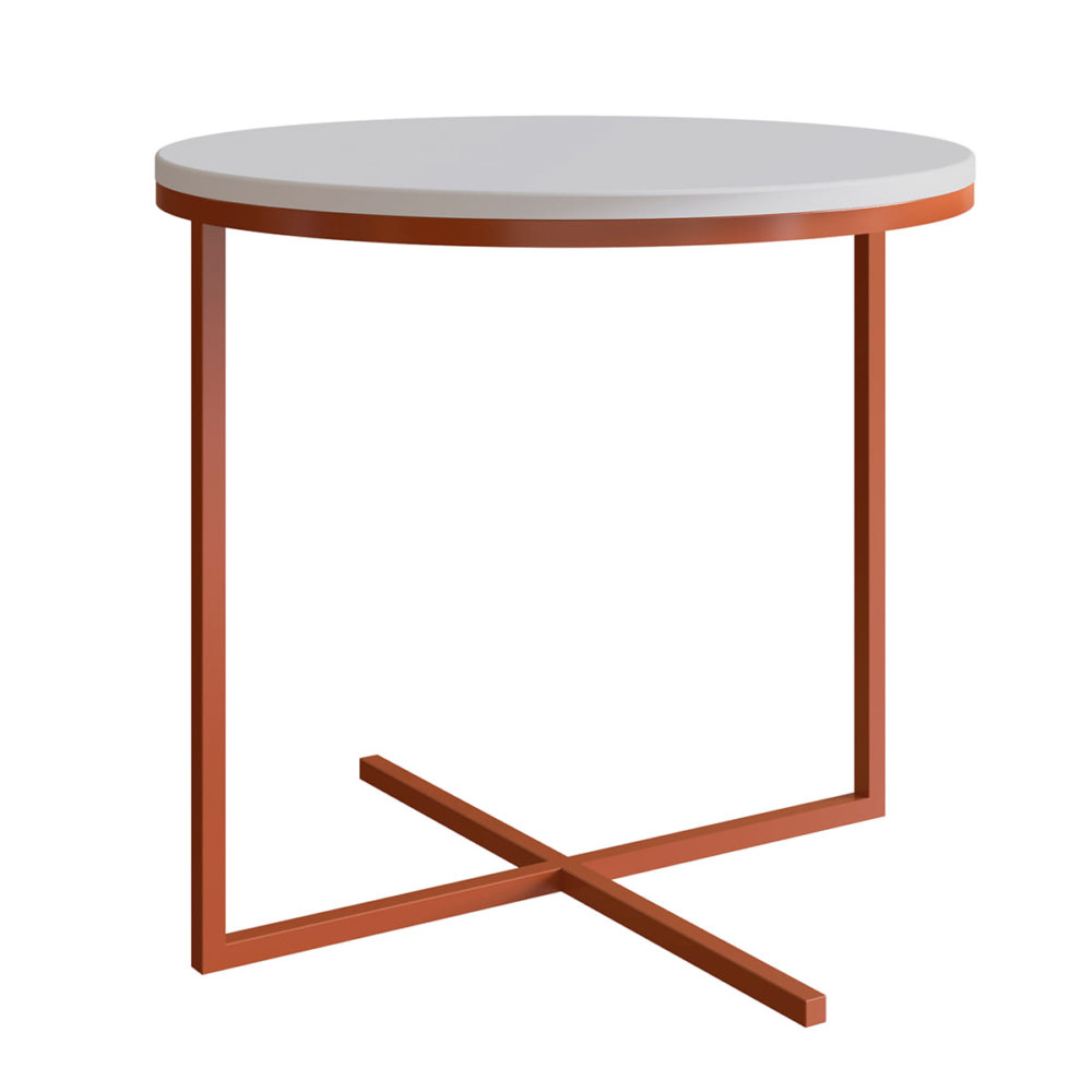 Modern White End Table with steel coppery legs forming an X