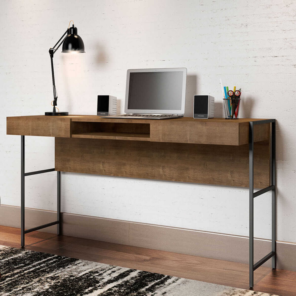 54" Industrial Desk made of wood and steel black legs with 2 drawers and 1 open storage area in a studio