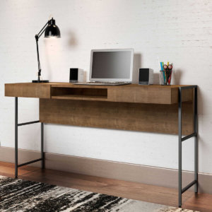 54" Industrial Desk made of wood and steel black legs with 2 drawers and 1 open storage area in a studio