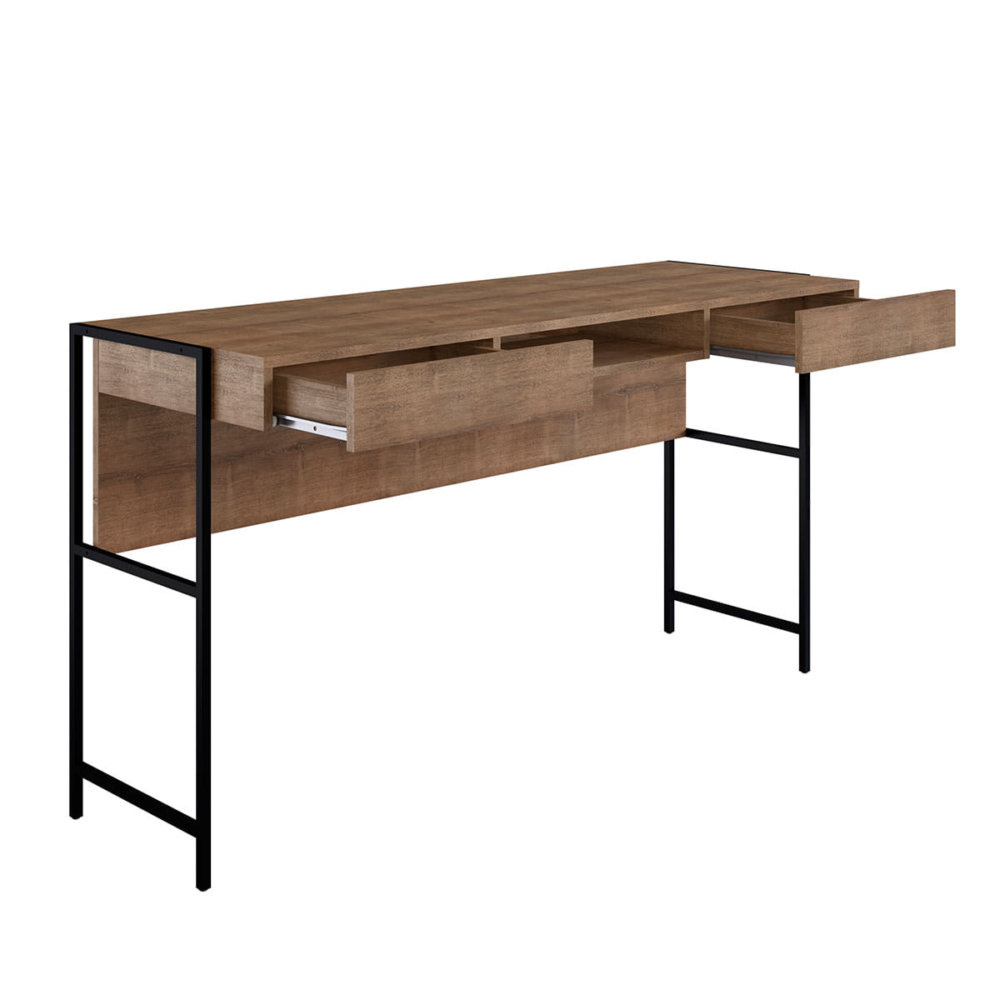 54" Industrial Desk made of wood and steel black legs with 2 drawers and 1 open storage area white background