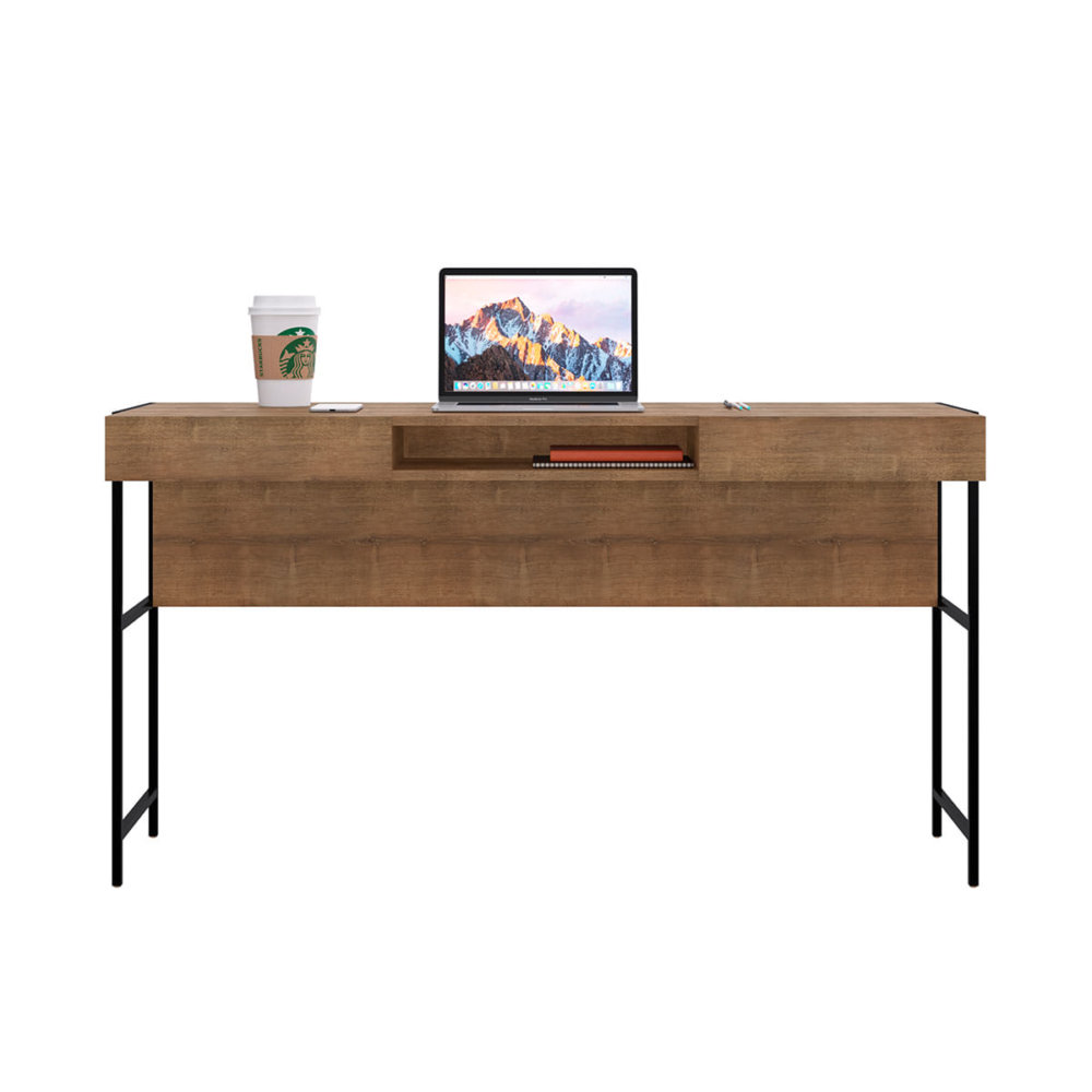 54" Industrial Desk made of wood and steel black legs with 2 drawers and 1 open storage area front view
