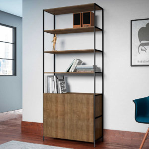 Industrial bookcase made of MDP Wood and black steel frame with 4 shelves and 1 closed storage area
