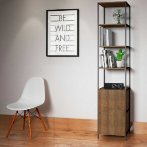 Industrial bookcase made of MDP Wood and black steel frame with 4 shelves and 1 closed storage area