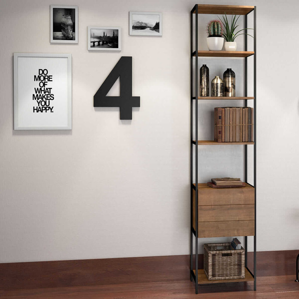 Industrial bookcase made of MDP Wood and black steel frame with 5 shelves and 3 drawers