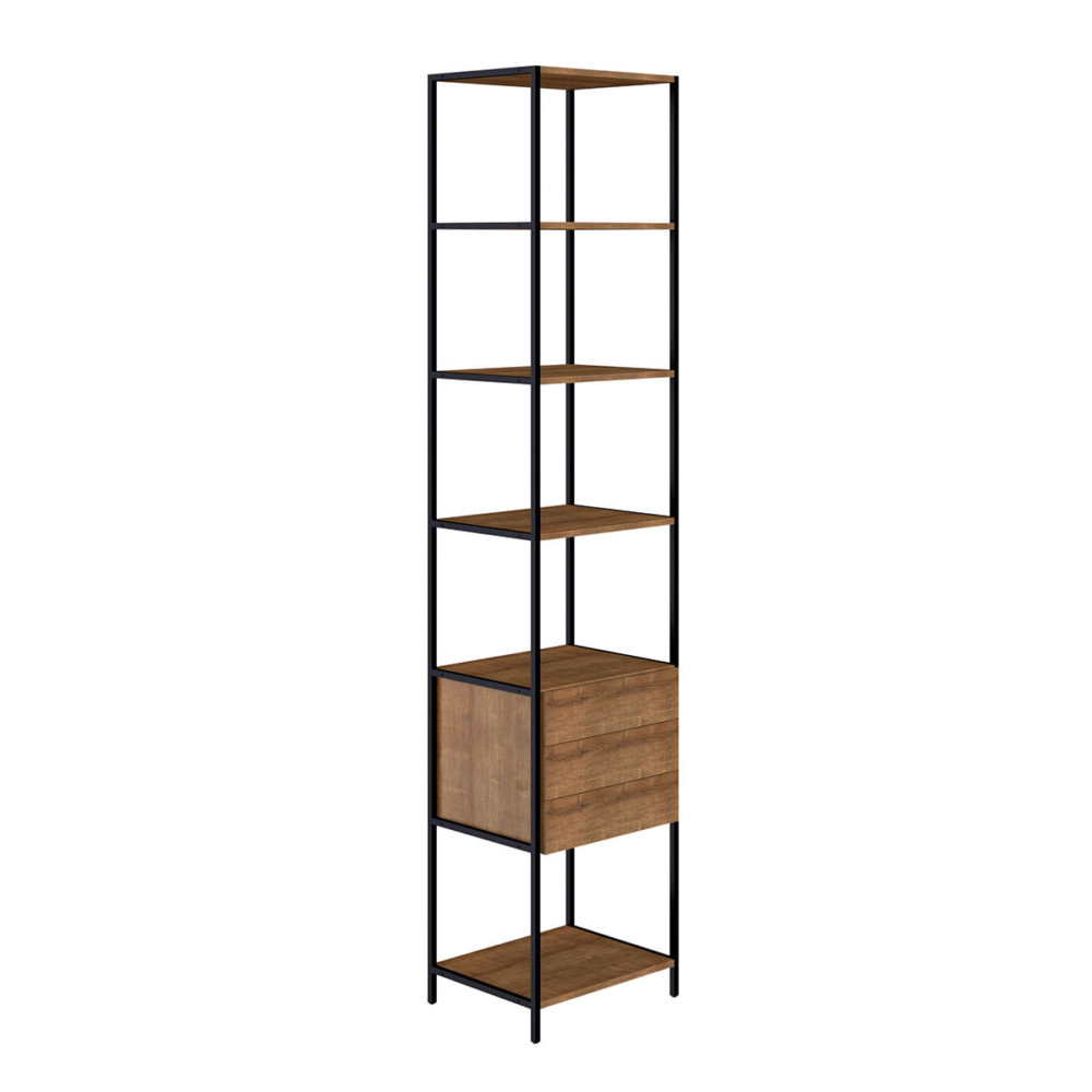 Industrial bookcase made of MDP Wood and black steel frame with 5 shelves and 3 drawers