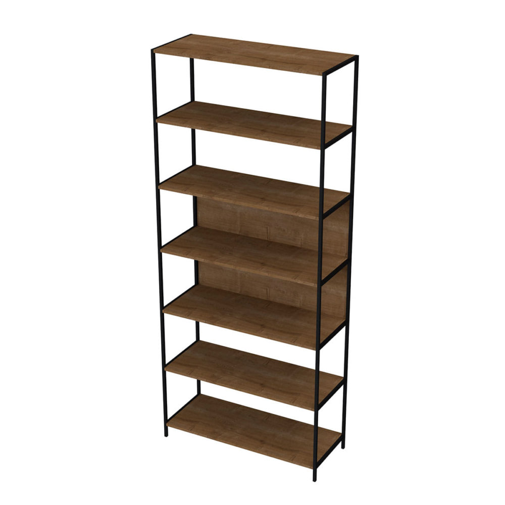 Large Industrial bookcase made of MDP Wood and black steel frame with 6 shelves