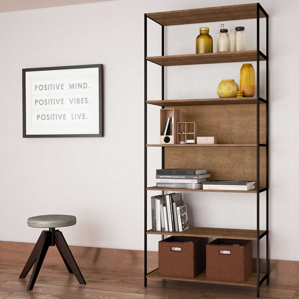 Large Industrial bookcase made of MDP Wood and black steel frame with 6 shelves