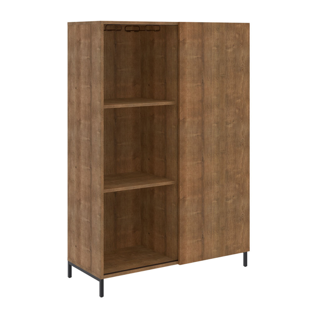 Large Cabinet or Bookcase Made of MDP Wood and black steel legs with non-symmetrical divisions and slide door