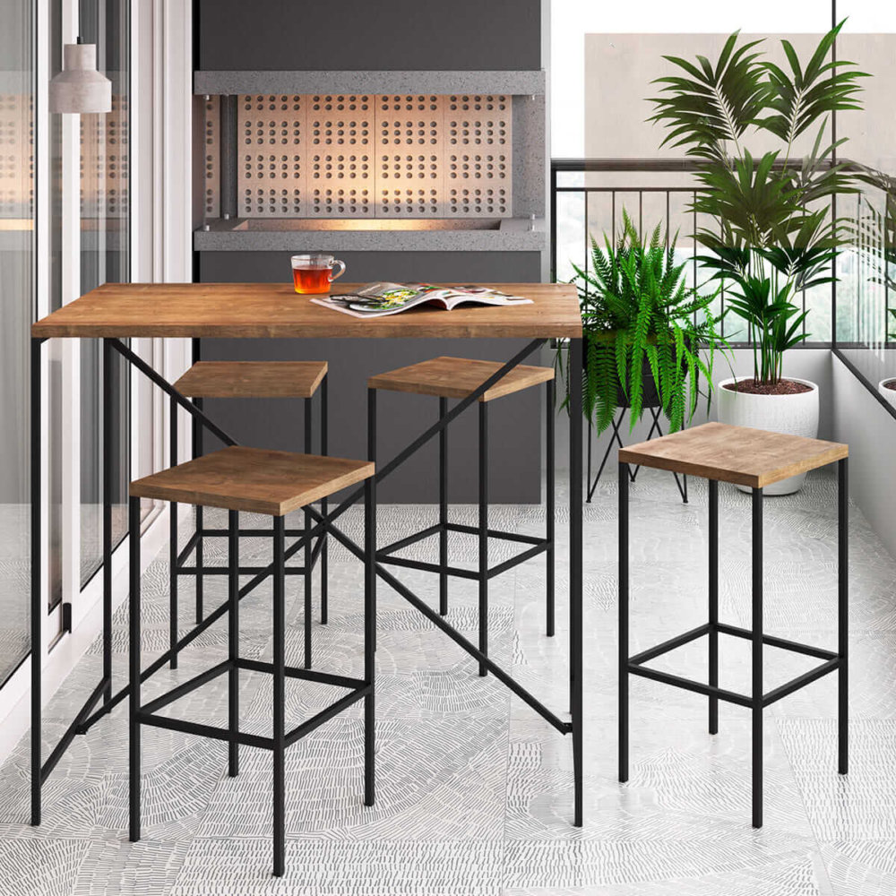 27816_Mabel_Bar_Stools_06 High industrial style bar stools and counter height table. Made of MDP Wood and black steel legs in a balcony