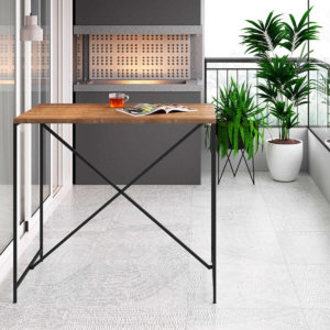 Counter Height Industrial Table. MDP wood and black steel legs in a balcony