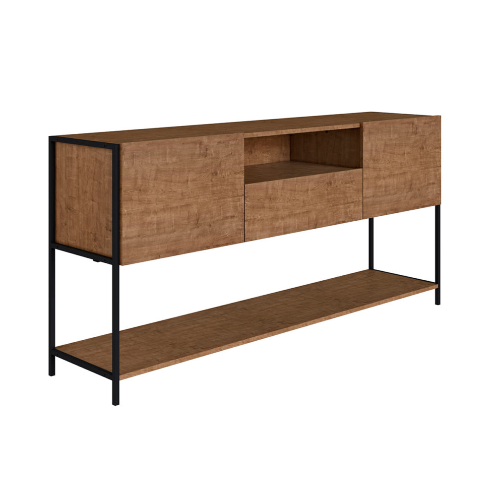 Industrial Style long Buffet with 2 closed storage spaces, 2 shelves and 1 drawer. Made of wood and black steel legs