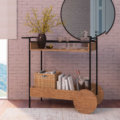 Industrial Style Bar Cart with 2 shelves. Made of wood and black steel frame. 2 big decorative wood wheels