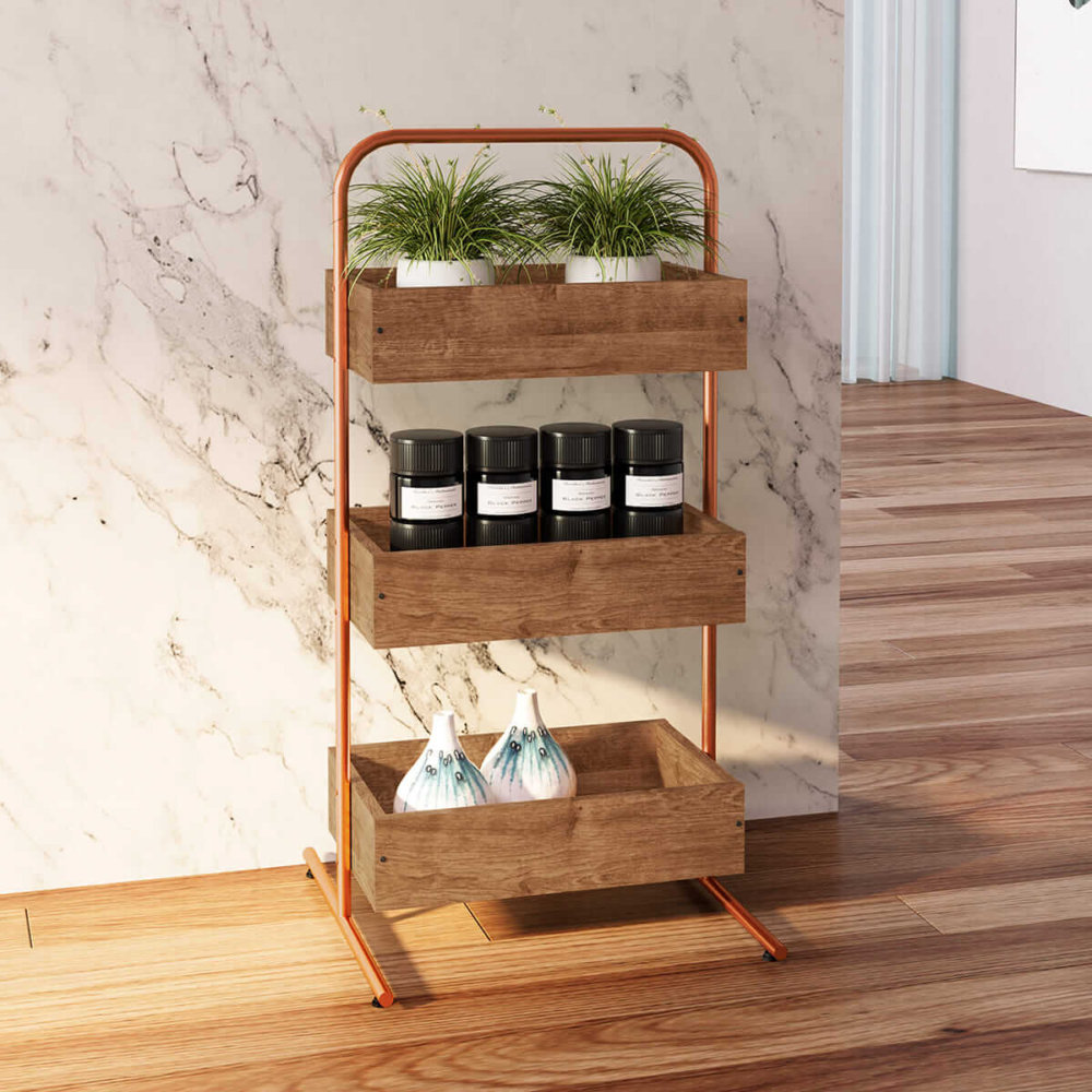 Industrial style organizer with 3 boxes. Made of wood and coppery color pipe steel frame