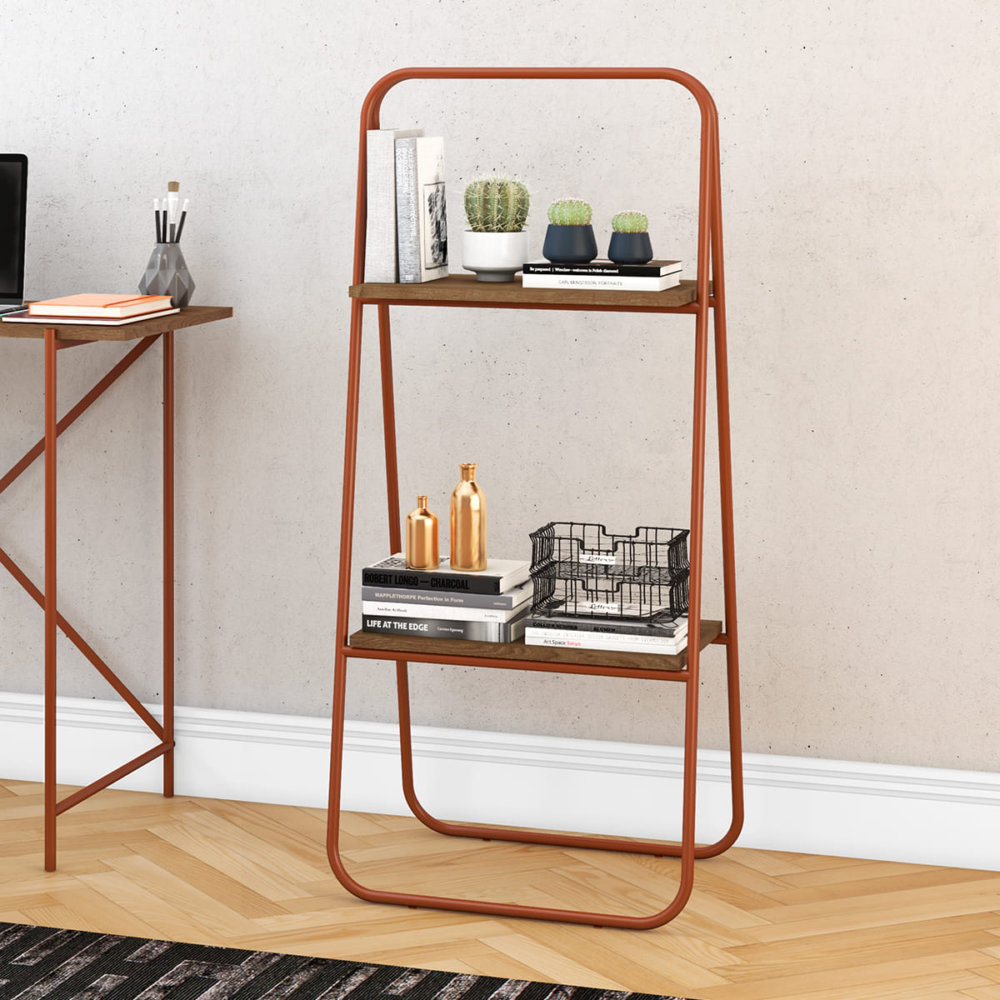 27866 Nathalia Organizer-1 Industrial Ladder Style Decorative Organizer with 2 shelves. Made of Coppery steel pipe and wood