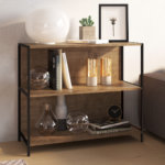 Low industrial style bookcase with 2 shelves made from wood and black steel frame