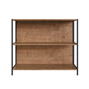 Low industrial style bookcase with 2 shelves made from wood and black steel frame