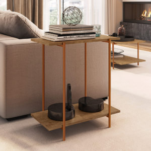 Industrial style side table with 1 shelf made from wood and coppery steel legs
