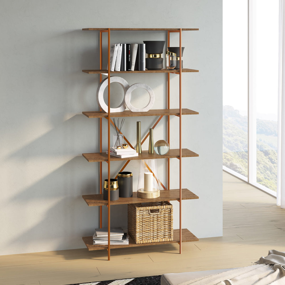 Large industrial bookcase or kitchen shelves with 5 shelves made from wood and coppery steel frame
