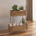 27876 Veronica Organizer-1 Industrial Style magazine rack or organizer with 2 boxes made from wood and coppery steel frame