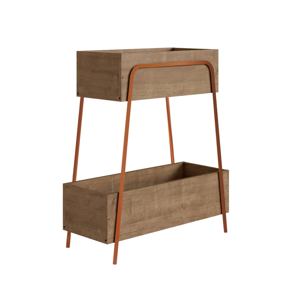 27876 Veronica Organizer-2 Industrial Style magazine rack or organizer with 2 boxes made from wood and coppery steel frame