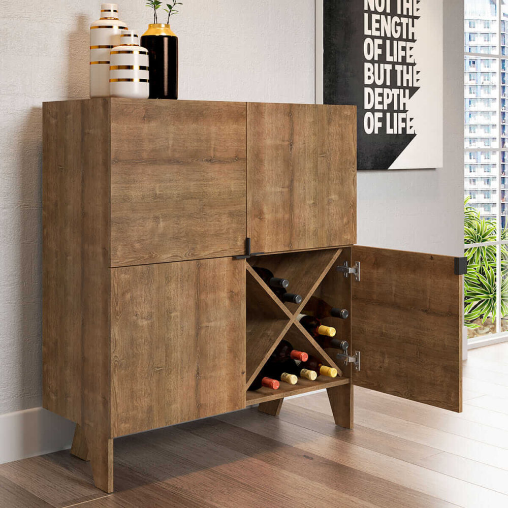 Industrial Wood Closed Cabinet with storage for wine and one door open